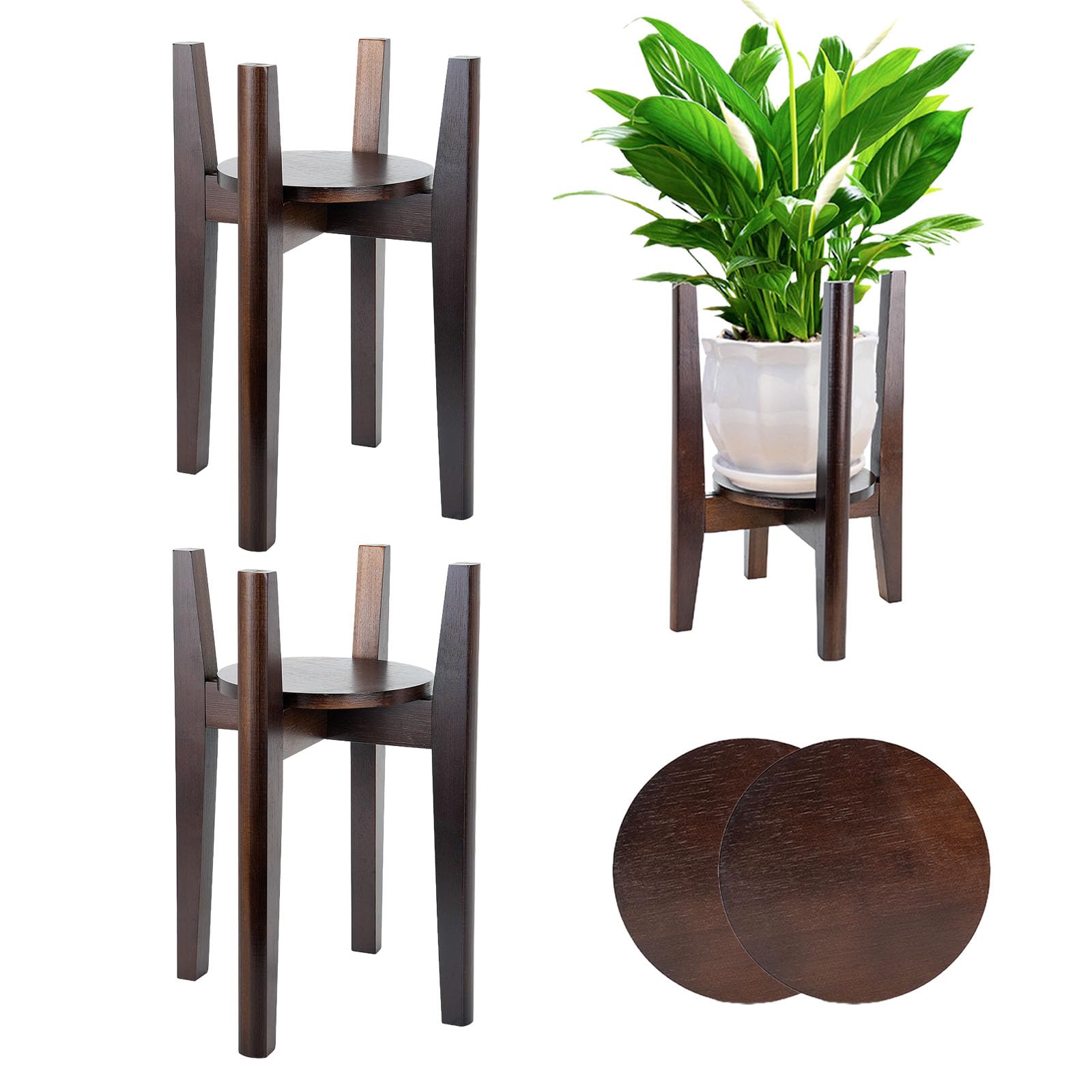 ZIOZERTT front view of walnut plant stand pair showing clean modern lines and stability