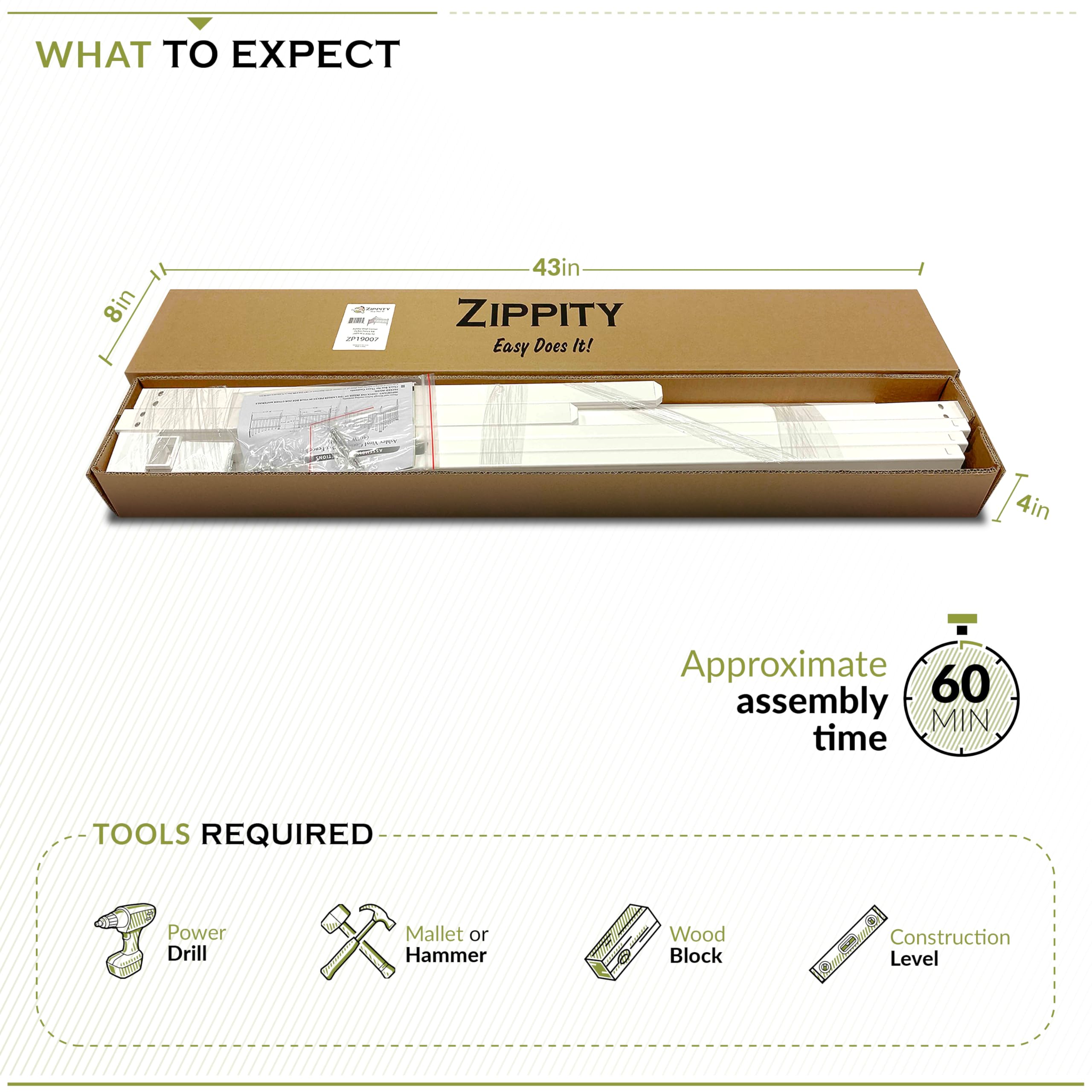 Zippity Outdoor Products fence beside a foot for size comparison illustrating compact, decorative benefit