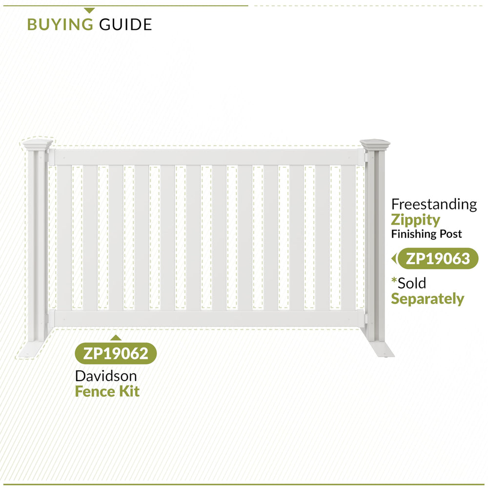 Zippity Outdoor Products label and included post showing model details and finishing post requirement