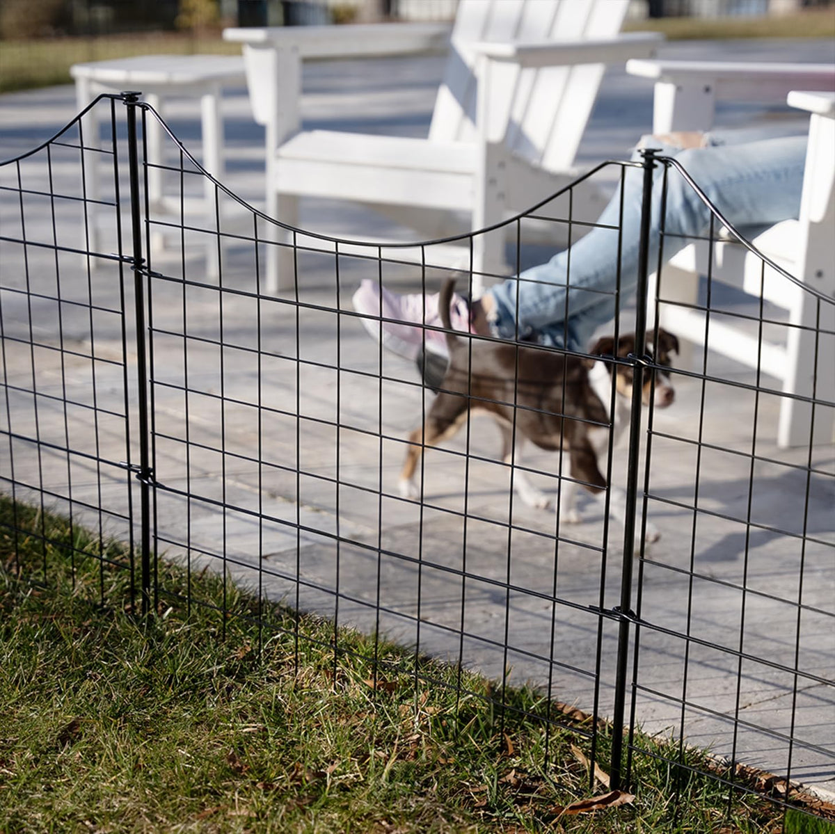 Zippity Outdoor Products front view of five black metal fence panels showing ready-to-install convenience and tidy curb appeal