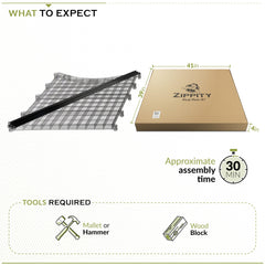 Zippity fence panel beside ruler showing dimensions and easy planning benefit