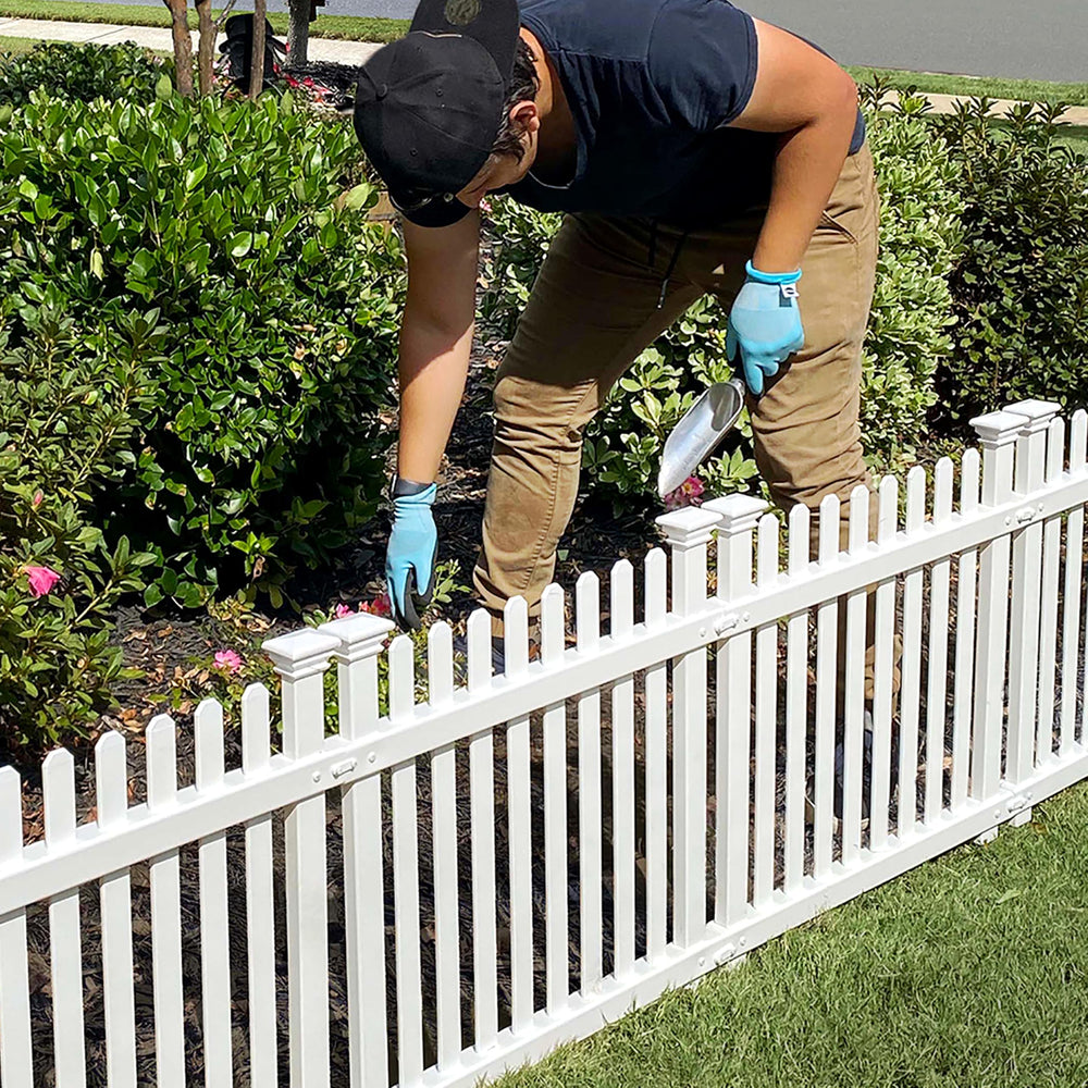 Zippity Outdoor Products front packaging showing white picket fence kit benefit: easy DIY