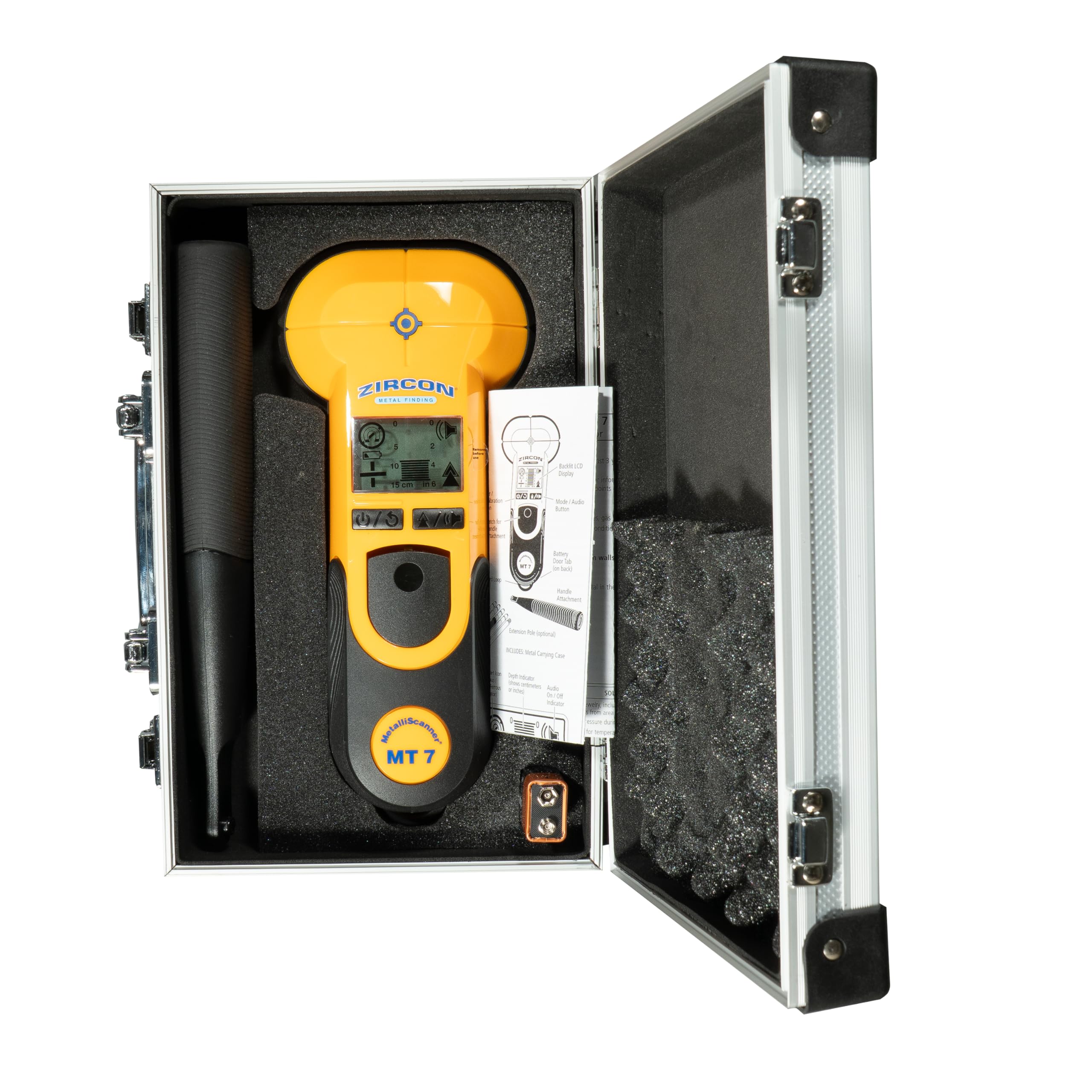 Zircon MetalliScanner MT7 next to tape measure showing compact size and portability