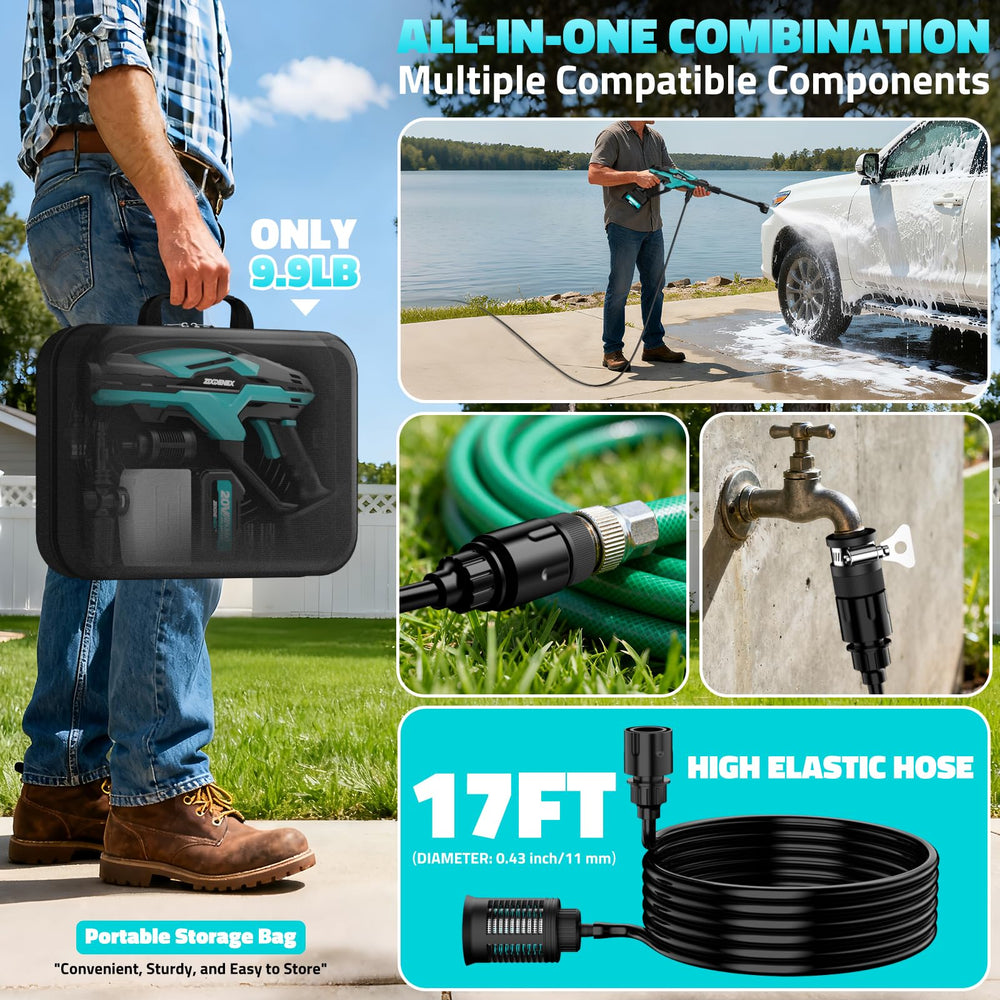 ZixDeNex in-use cleaning a driveway showing cordless mobility and power