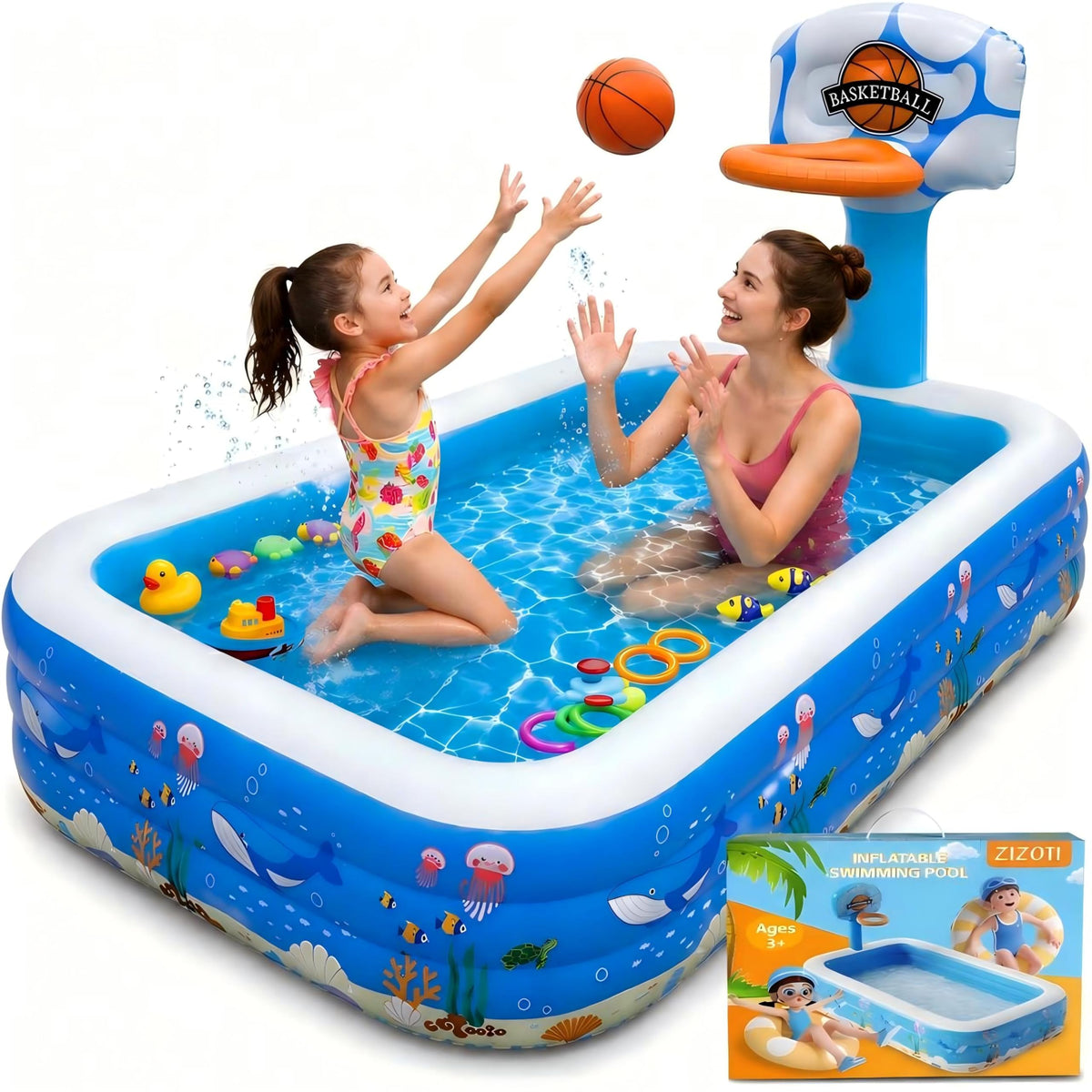 ZIZOTI vista frontal de la piscina inflable mostrando espacio familiar