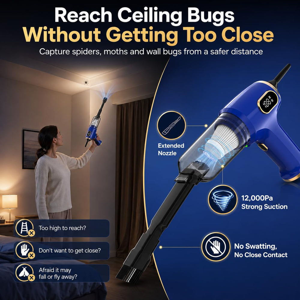 ZLieatmp extended nozzle catching insect on ceiling for safe removal
