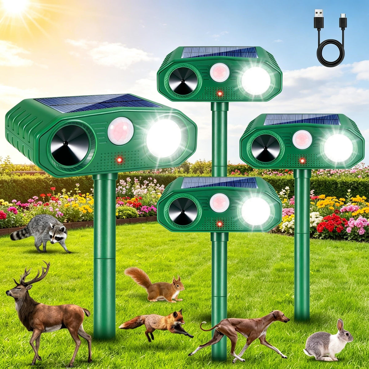 ZLieatmp front view of four devices showing coverage and design for yard protection