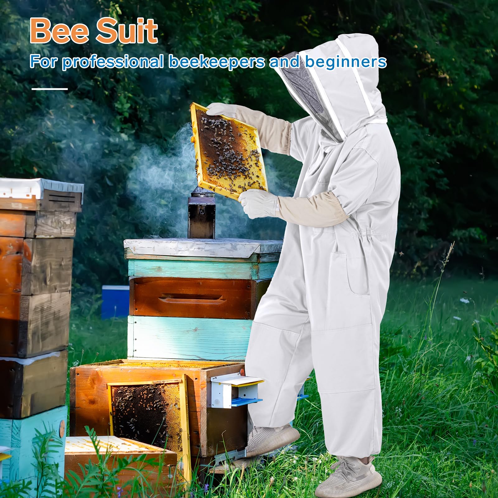 ZMHBKPS beekeeper inspecting hive wearing suit demonstrating practical protection
