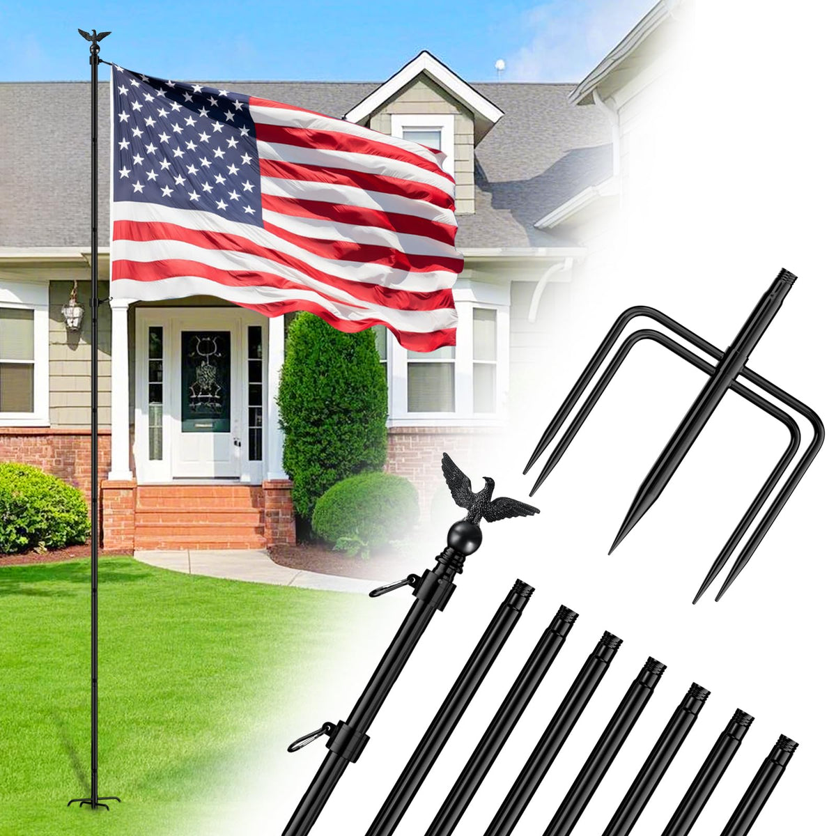 ZMTECH flag pole front view showing sturdy construction and display benefit