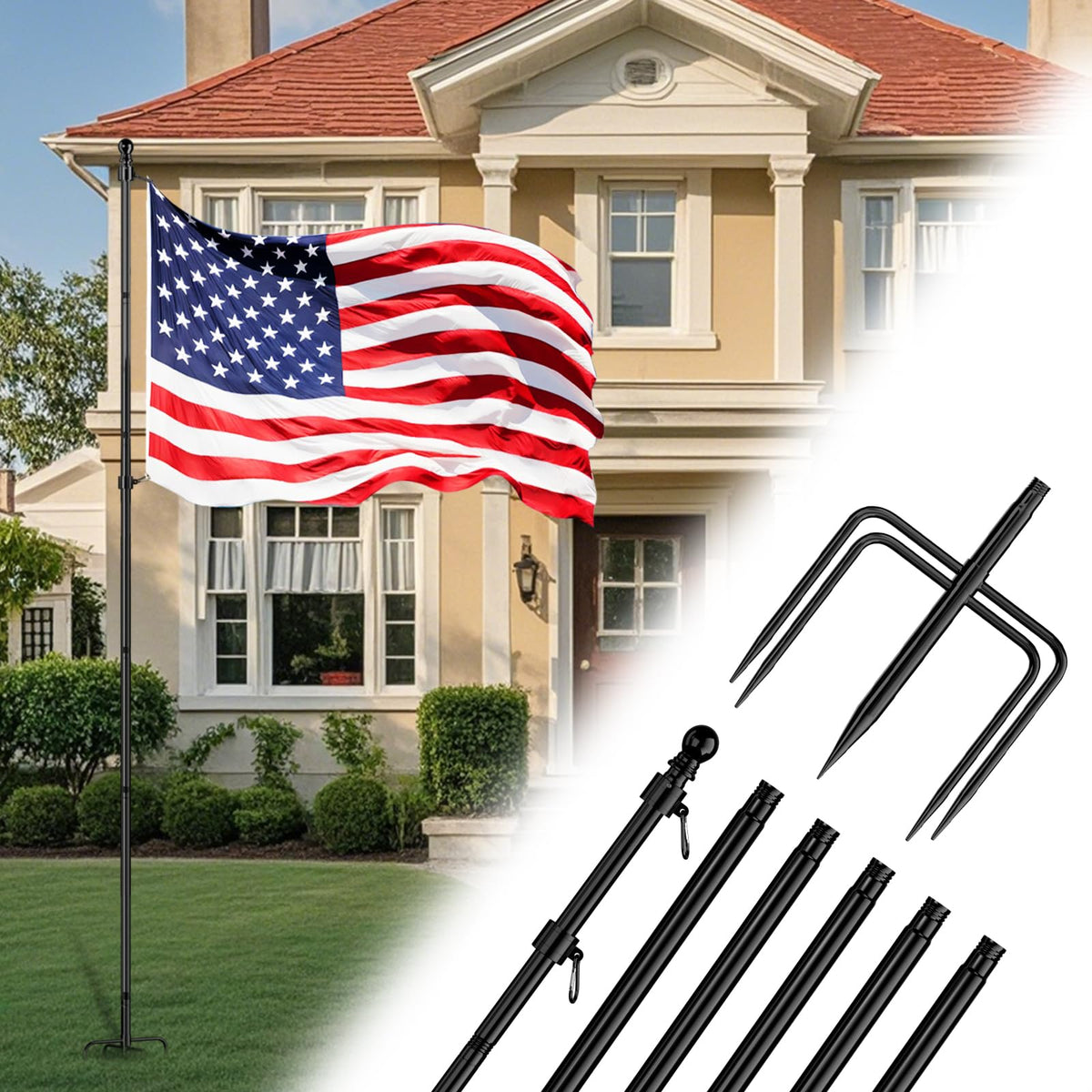 ZMTECH full front view of assembled flag pole showing stable display