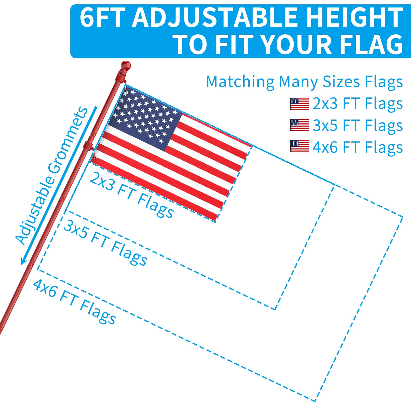 ZMTECH length comparison with ruler illustrating adjustable poles from 1.3 to 6 feet