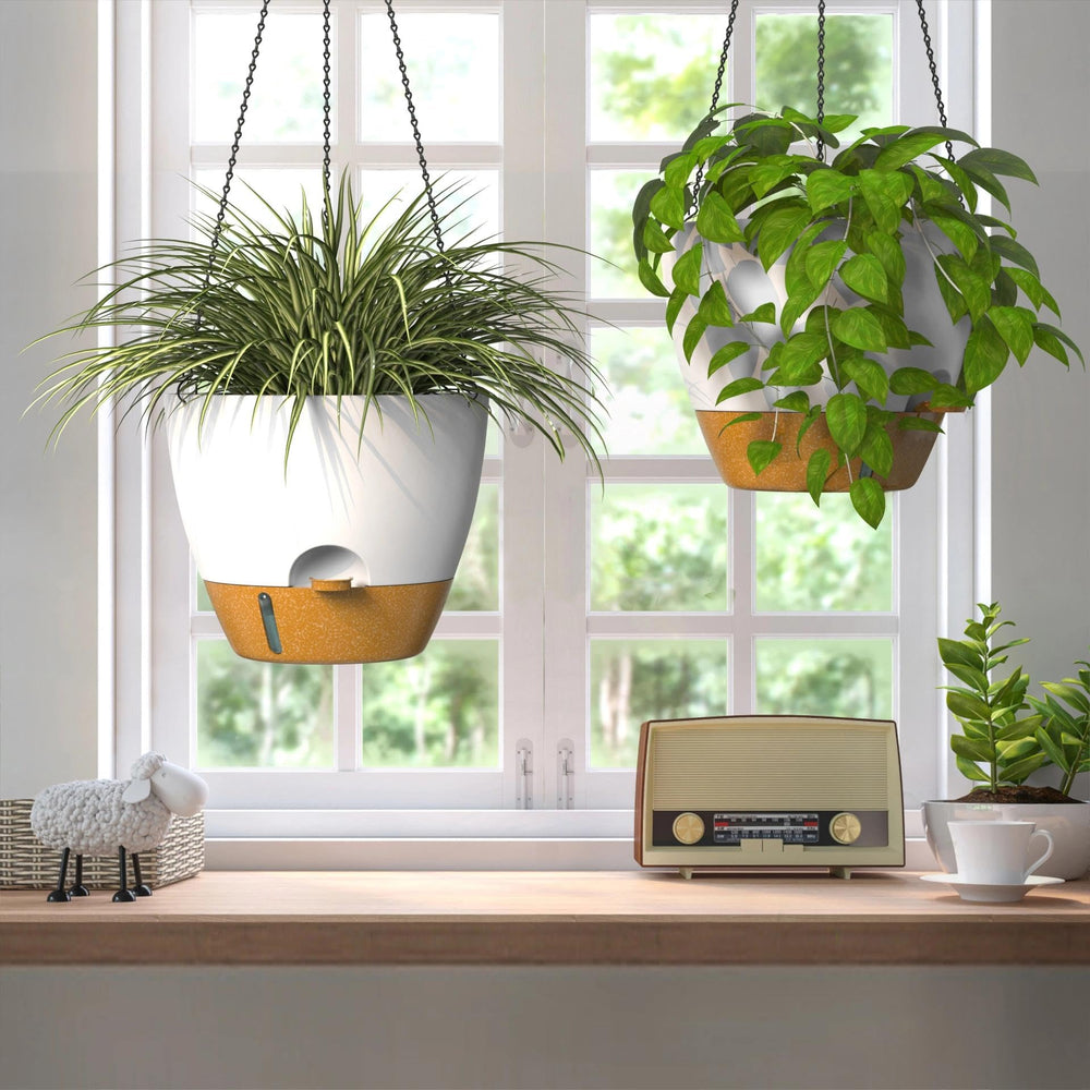 ZMTECH hanging planter on balcony with plants demonstrating space-saving benefit