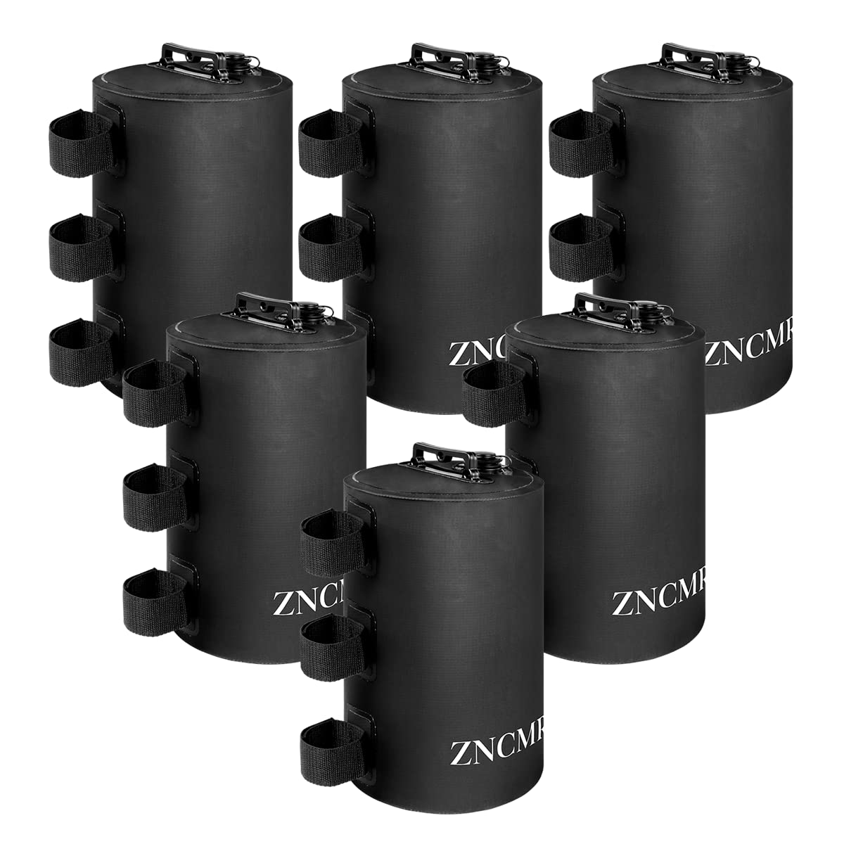 ZNCMRR front view of six black water weight bags showing compact set and portability