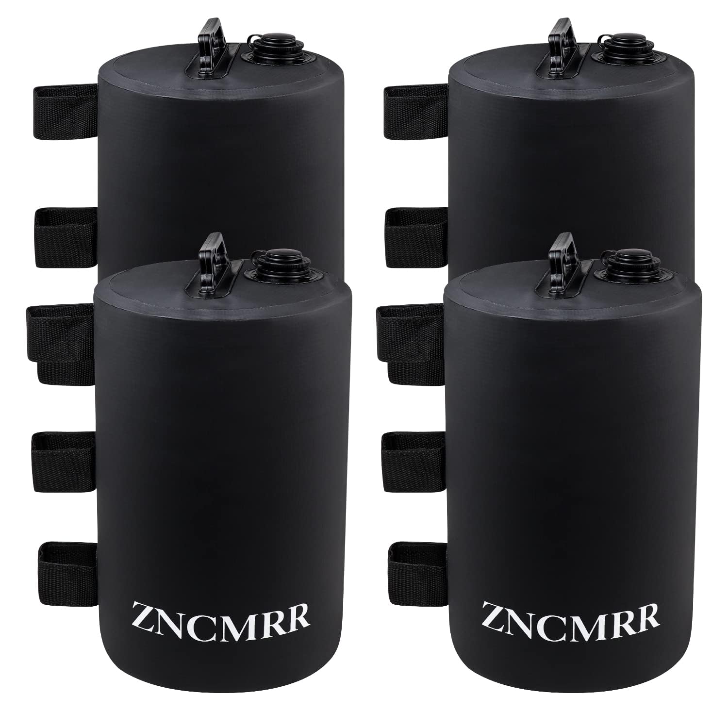 ZNCMRR front view of four black water weight bags showing compact storage benefit