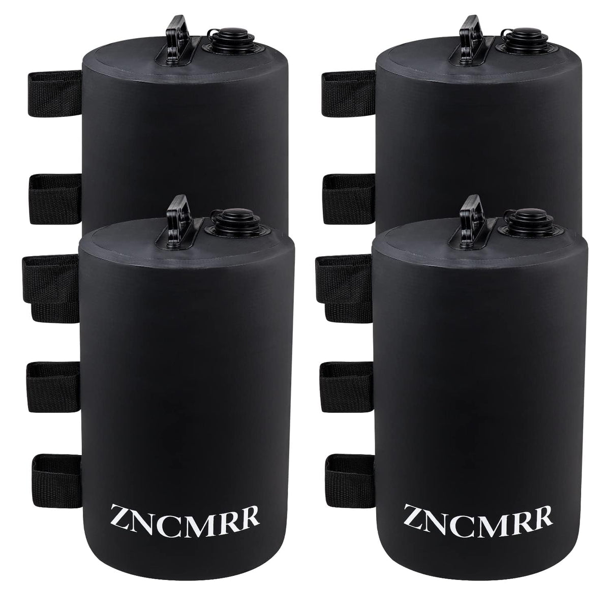 ZNCMRR front view of four black water weight bags showing compact storage benefit