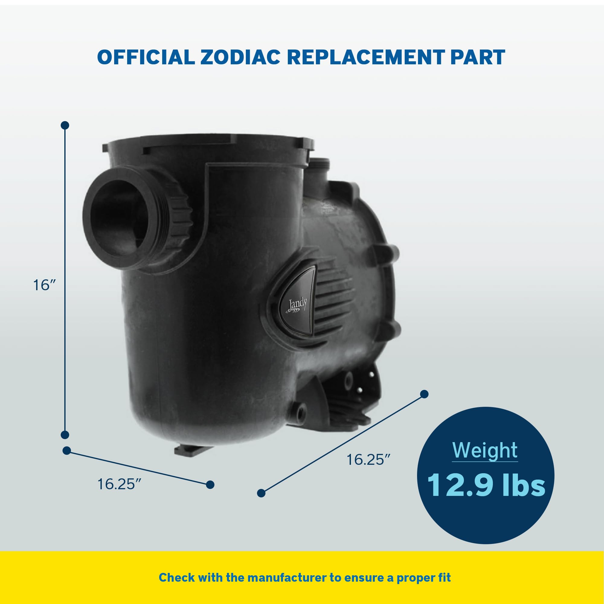 Zodiac pump body beside ruler for scale, helping confirm correct dimensions