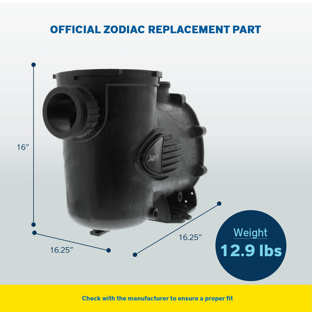 Zodiac pump body beside ruler for scale, helping confirm correct dimensions