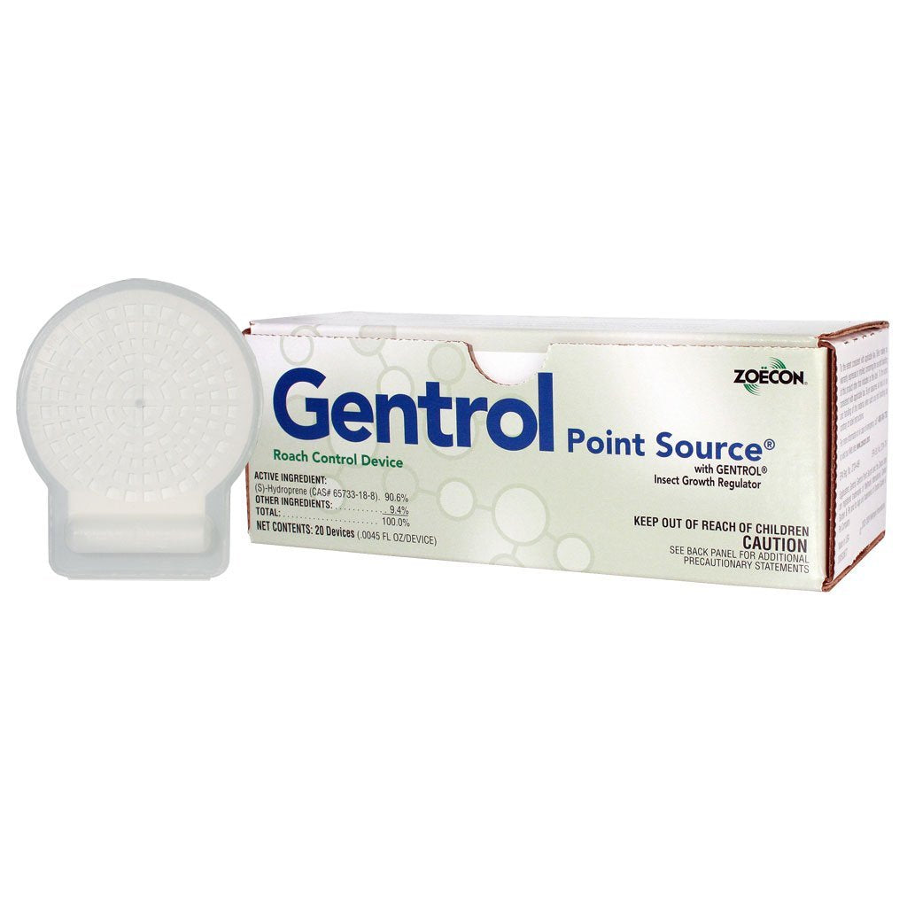 ZOECON Gentrol Point Source front packaging showing adhesive discs and box, easy discreet control