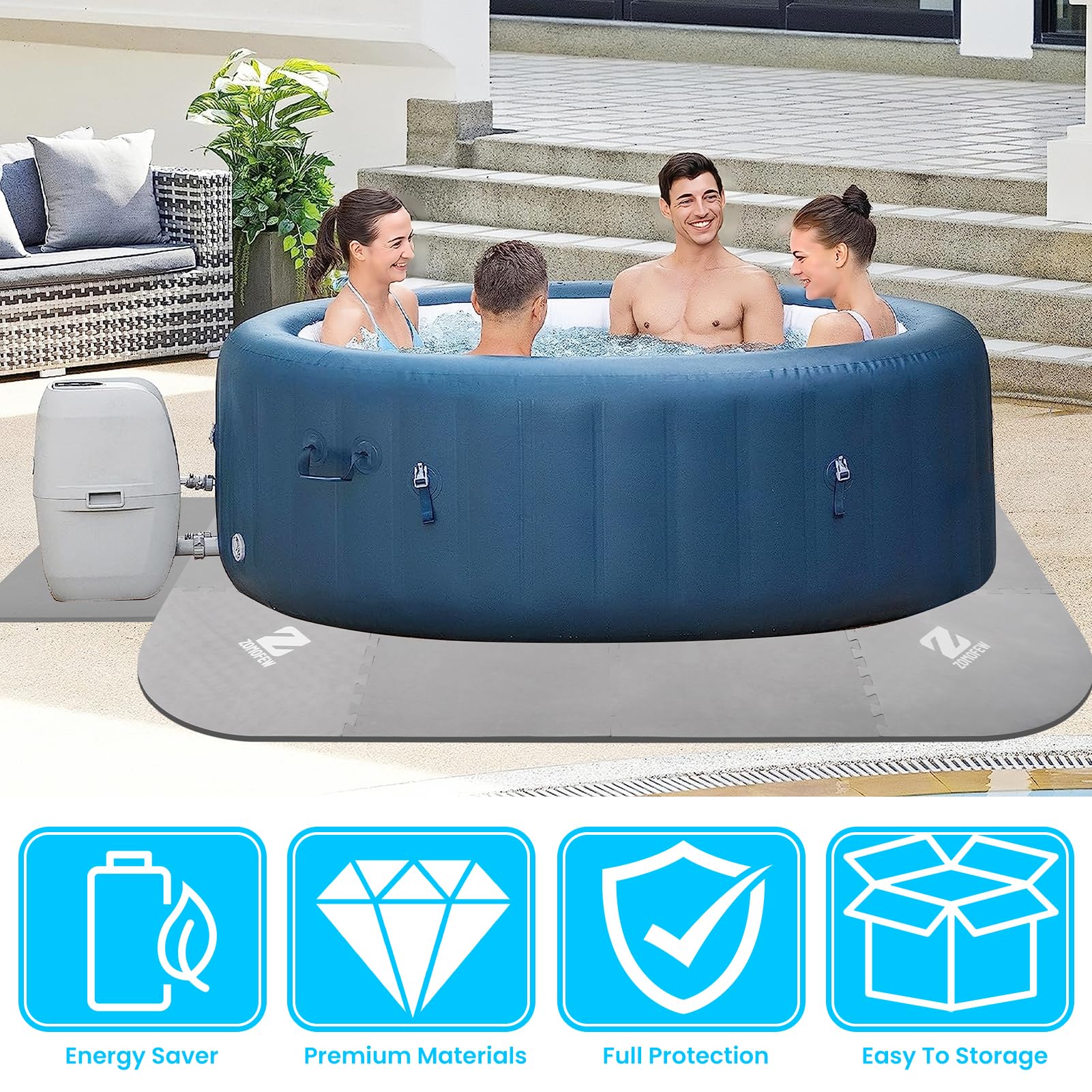 ZOMOFEW inflatable hot tub on patio with mat providing insulation benefit