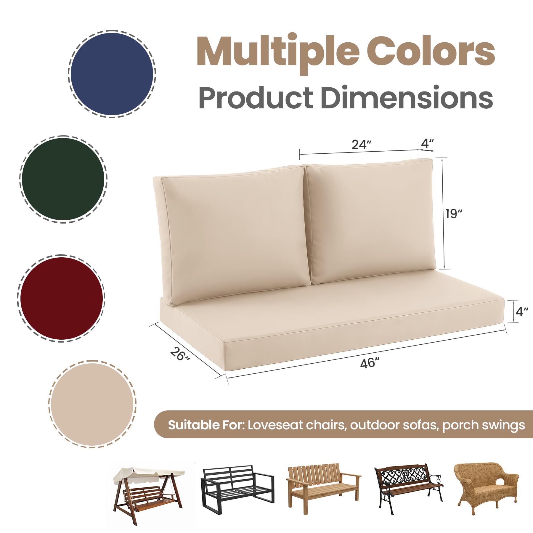 Zonamat cushions styled on wicker loveseat suggesting relaxed patio comfort