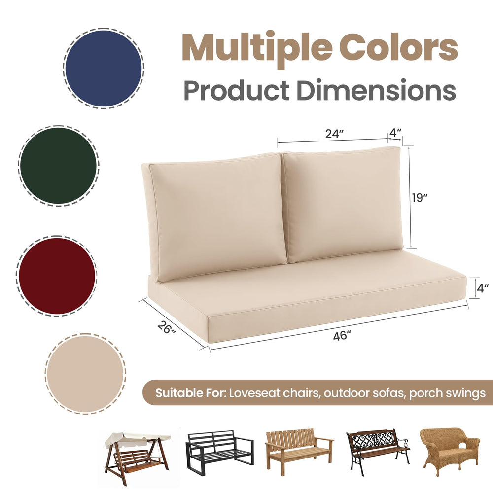 Zonamat cushions styled on wicker loveseat suggesting relaxed patio comfort