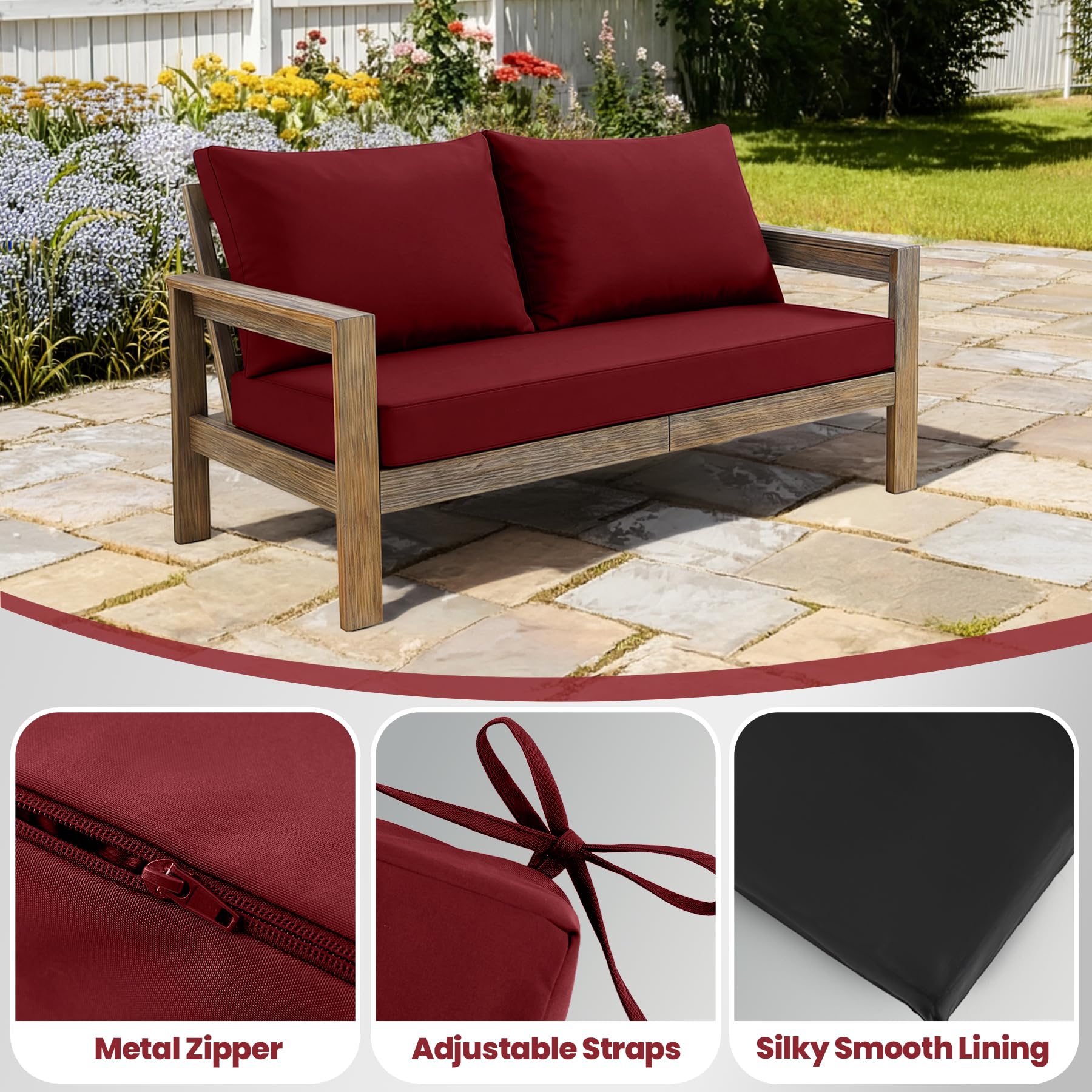 Zonamat cushions in use on a wicker loveseat providing comfortable outdoor seating