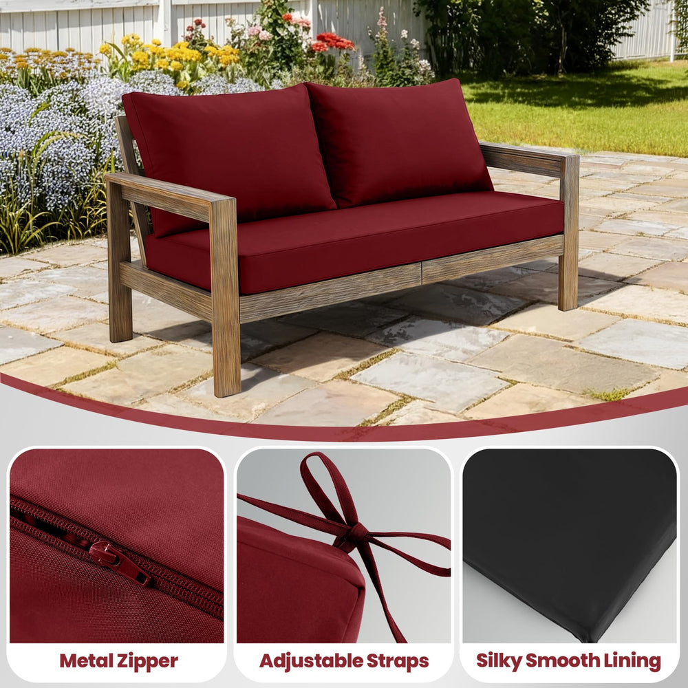 Zonamat cushions in use on a wicker loveseat providing comfortable outdoor seating