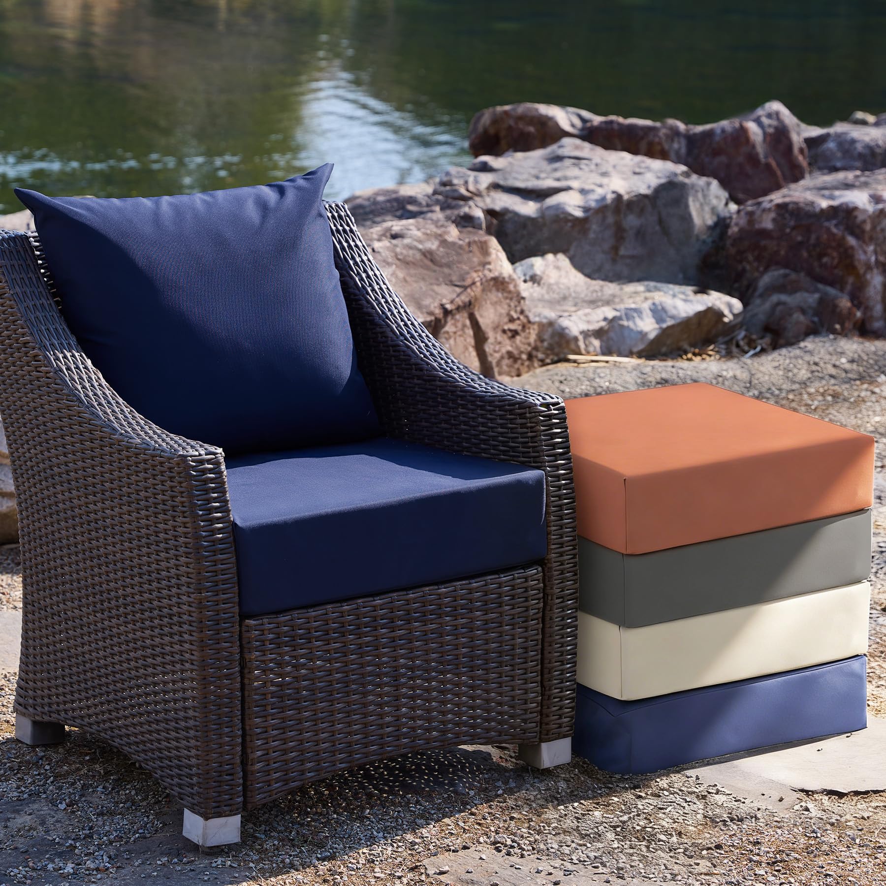 Zonamat cushions styled on patio at dusk conveying inviting comfort and UV-resistant color preservation