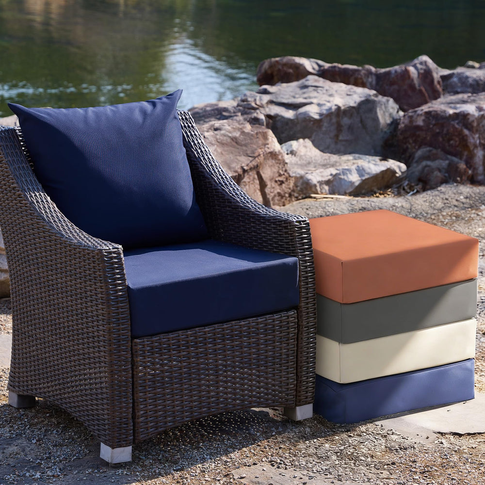 Zonamat cushions styled on patio at dusk conveying inviting comfort and UV-resistant color preservation