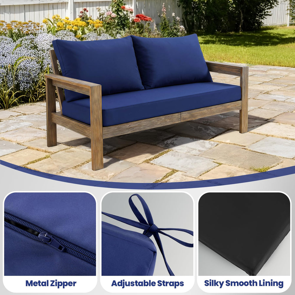 Zonamat cushions staged on a porch loveseat showing durable comfort in use