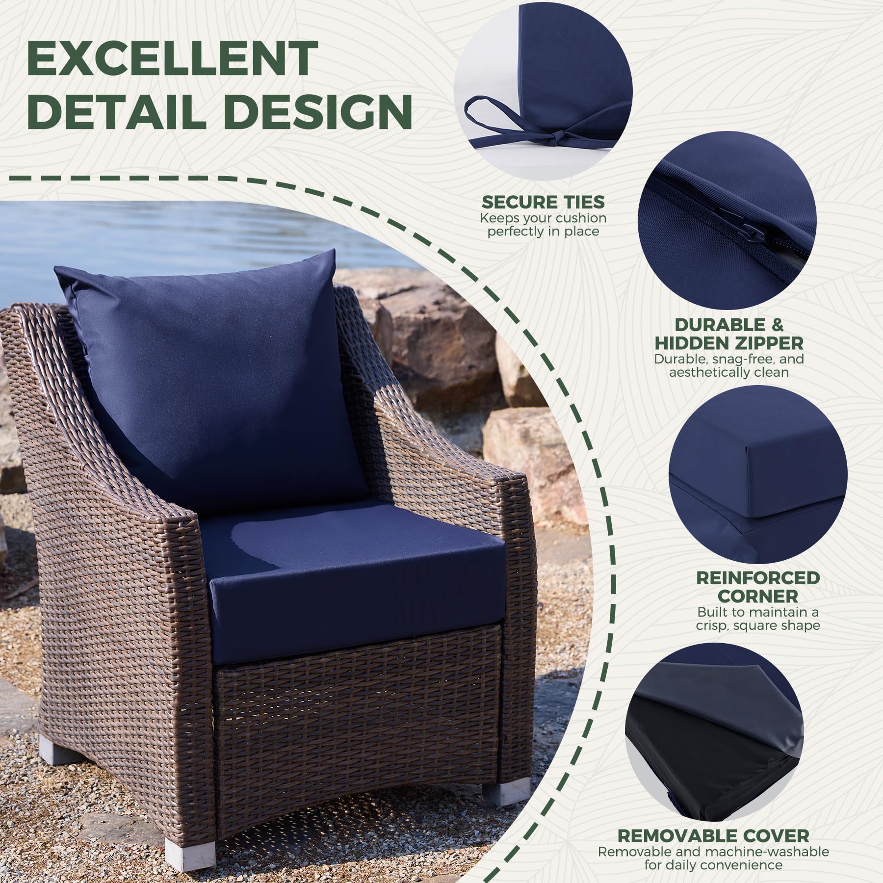 Zonamat cushions placed on outdoor dining chairs showing comfortable seating and neat fit