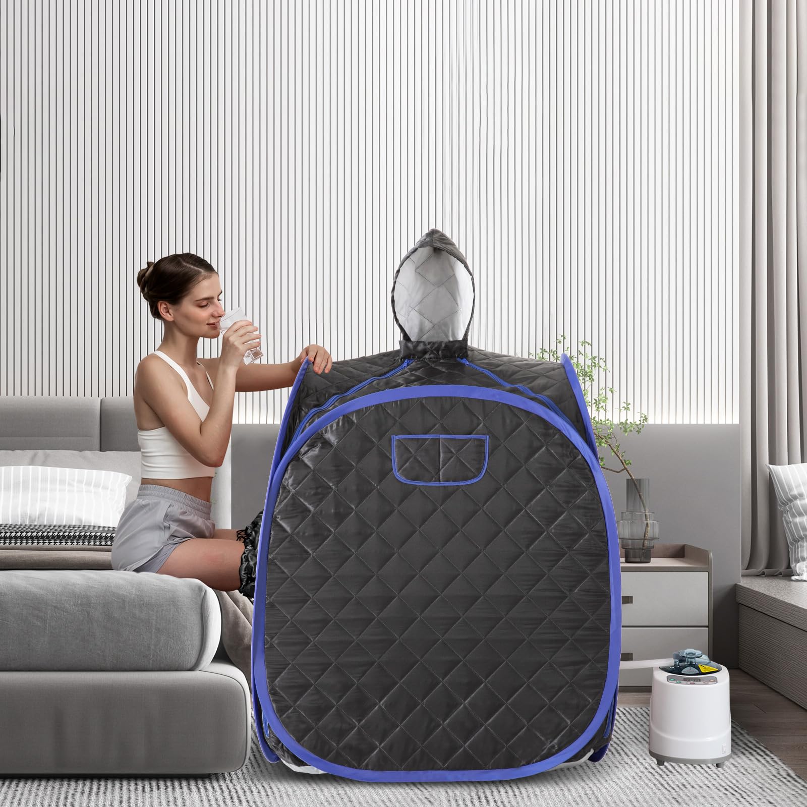 ZONEMEL next to chair showing dimensions and compact footprint for small spaces