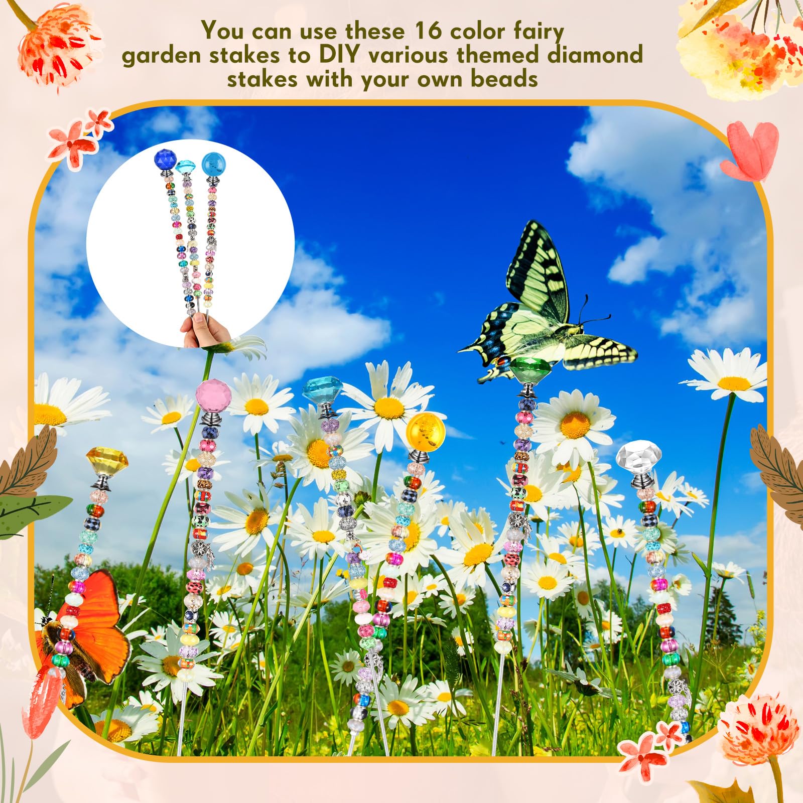 Zonon assembled beaded stake planted in pot providing colorful outdoor accent