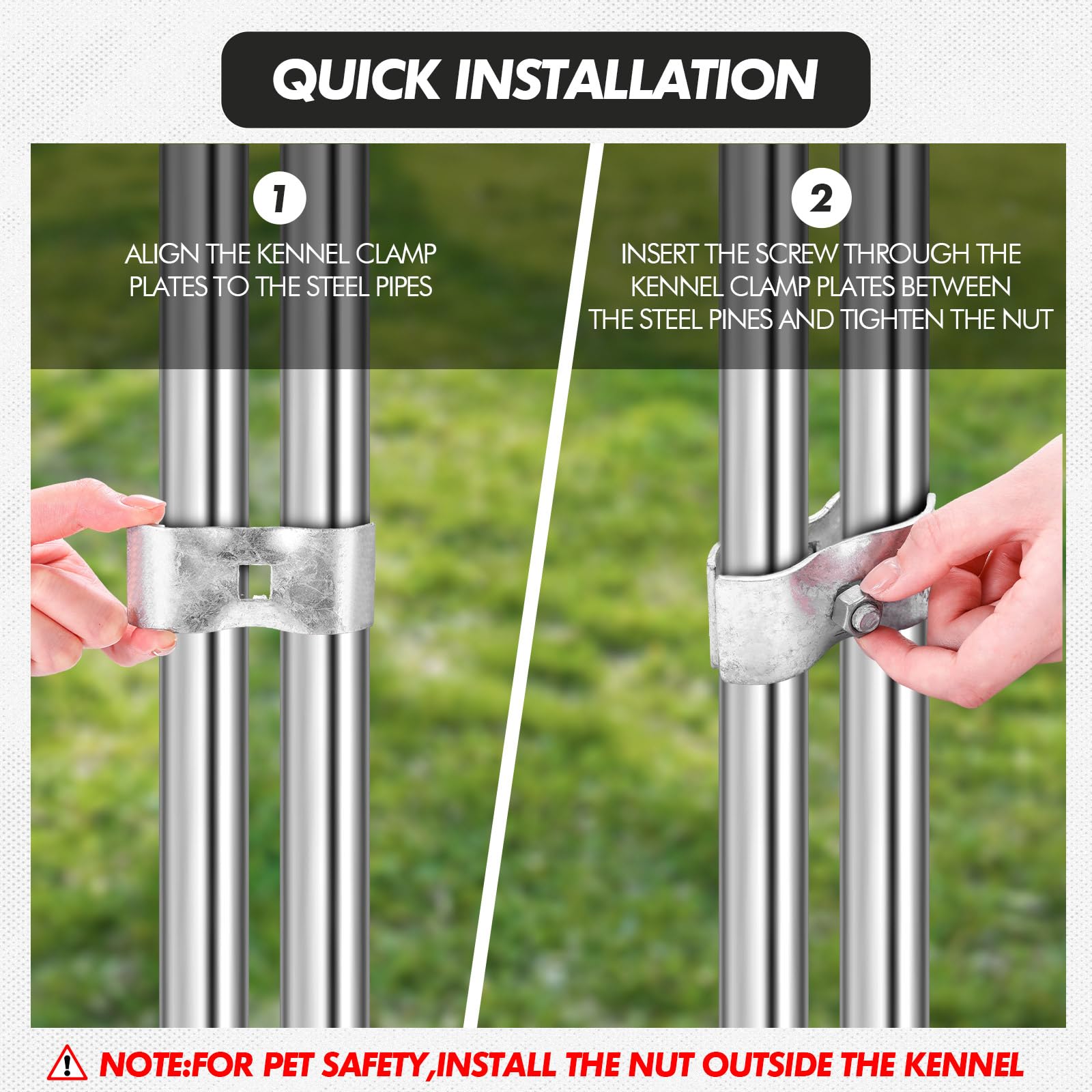 Zonon clamp attached to kennel frame showing stable panel connection