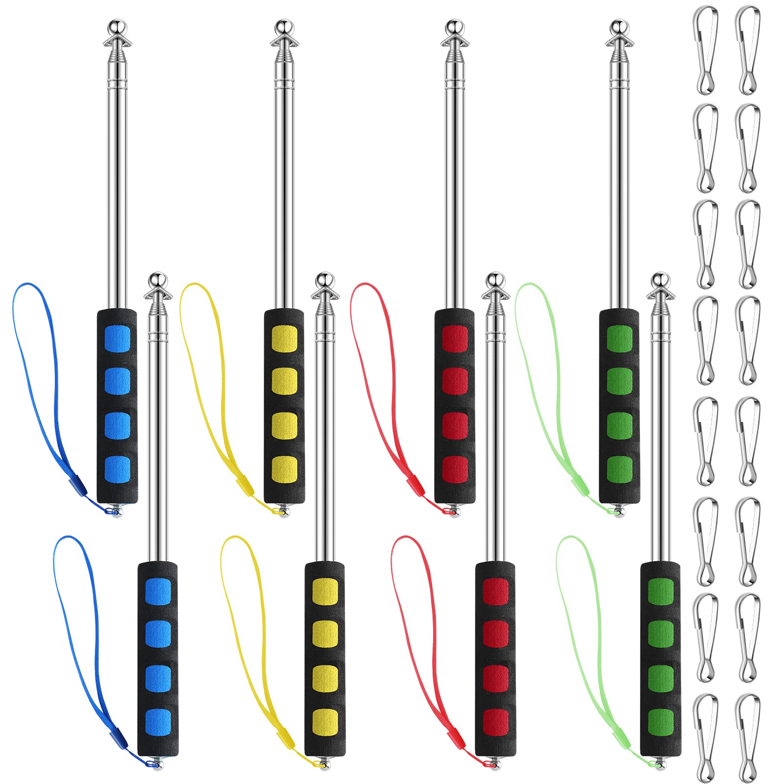 Zonon front view of eight colorful retractable poles showing kit benefits