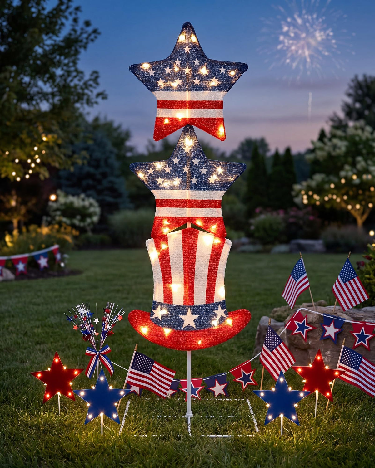 Zonon front view of lighted star yard sign showing bold patriotic appeal