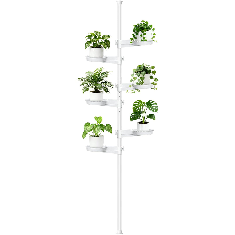 Zononoca front view of white 6-tier tension plant pole, maximizes vertical space