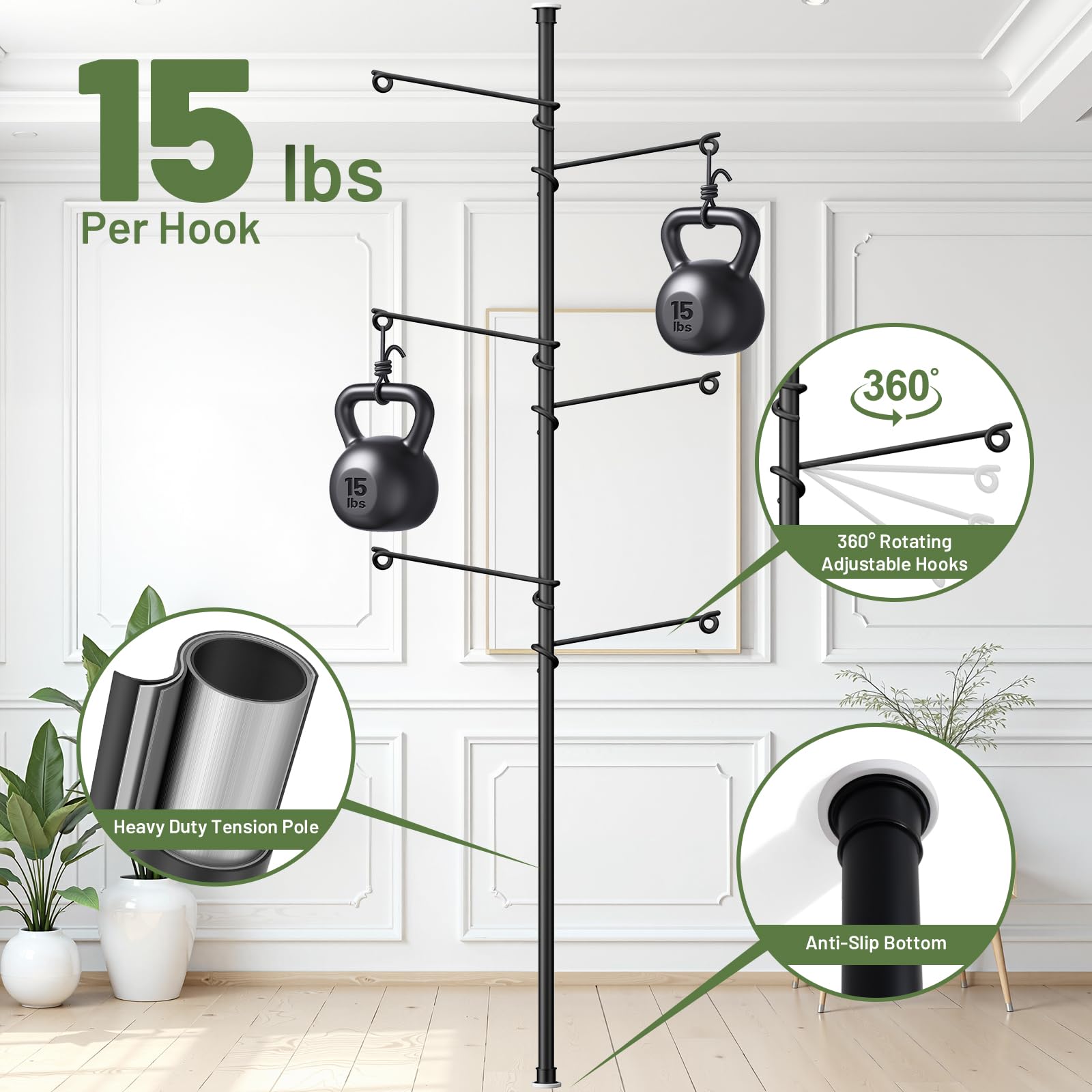 Zononoca next to a chair for scale, shows pole height range and room-friendly footprint
