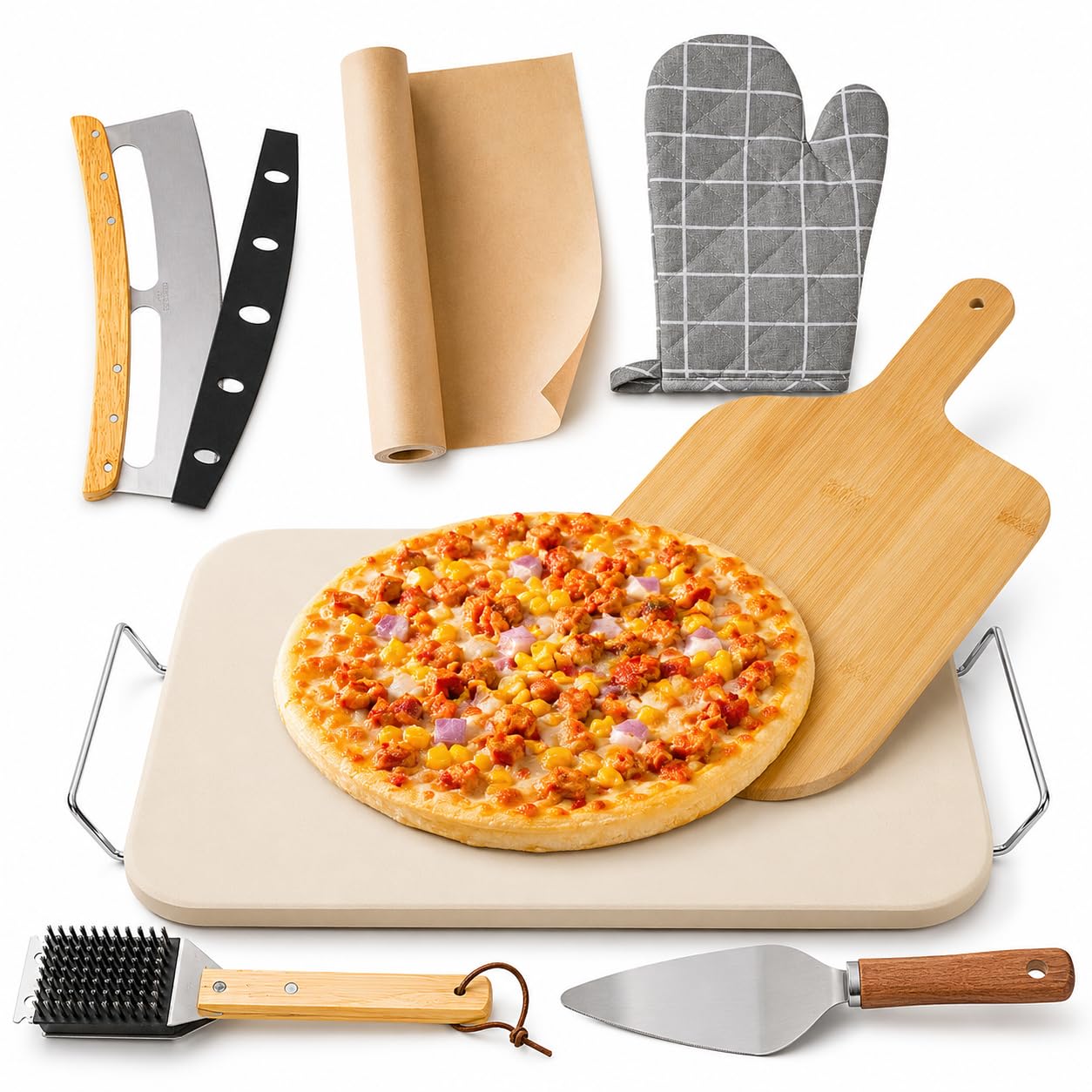 ZONZEST front packaging showing full 8‑piece pizza stone kit and benefits