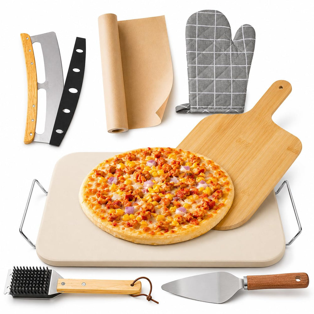 ZONZEST front packaging showing full 8‑piece pizza stone kit and benefits