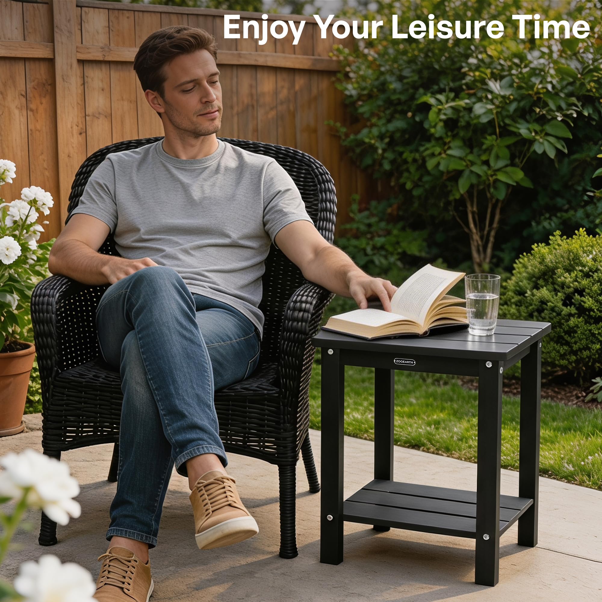 zooearth patio scene with table beside lounge chair demonstrating outdoor styling
