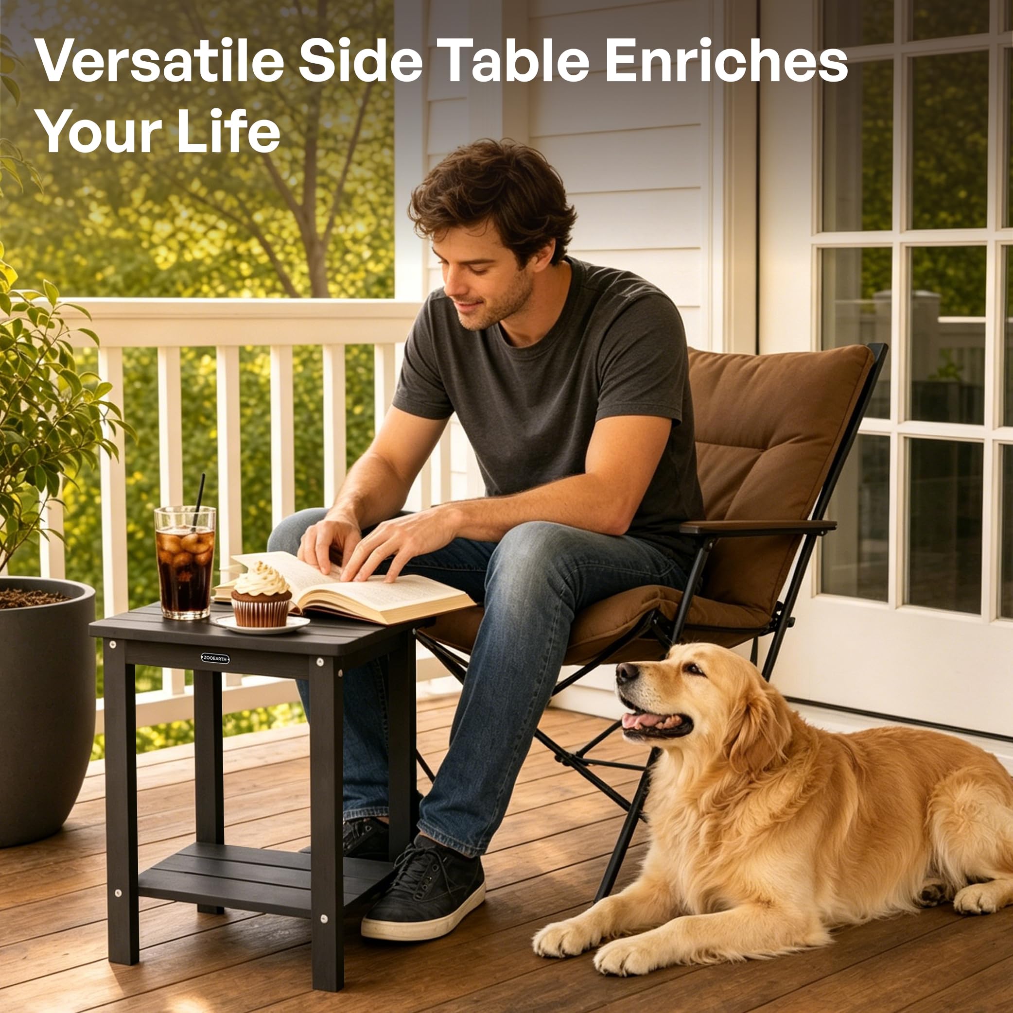 zooearth table next to Adirondack chair indicating compact scale and versatile fit