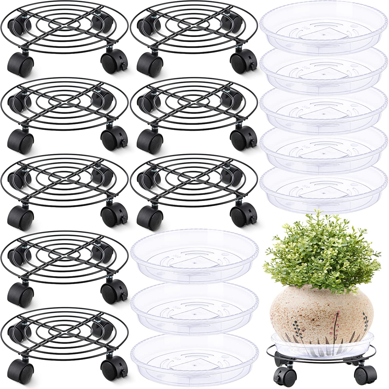 Zopeal front view of eight black plant stands showing mobility benefit