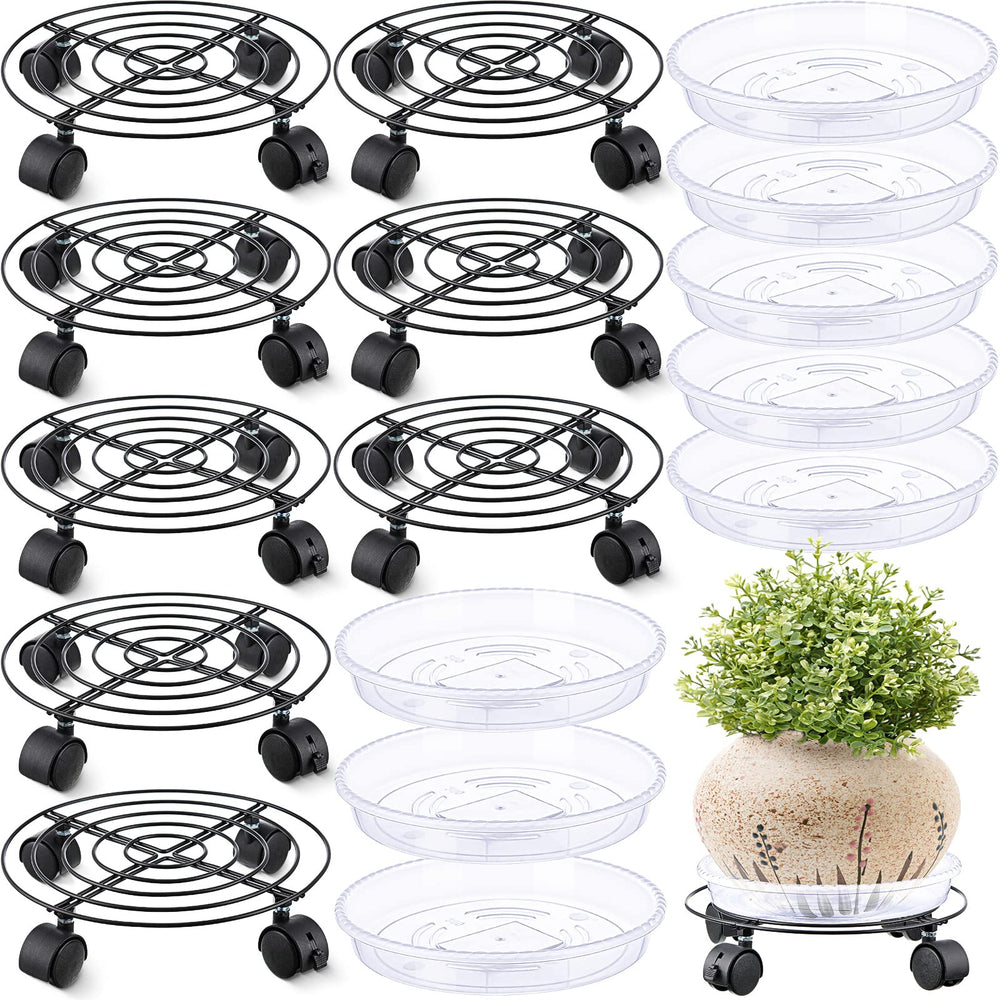 Zopeal front view of eight black plant stands showing mobility benefit