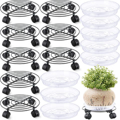 Zopeal front view of eight black plant stands showing mobility benefit