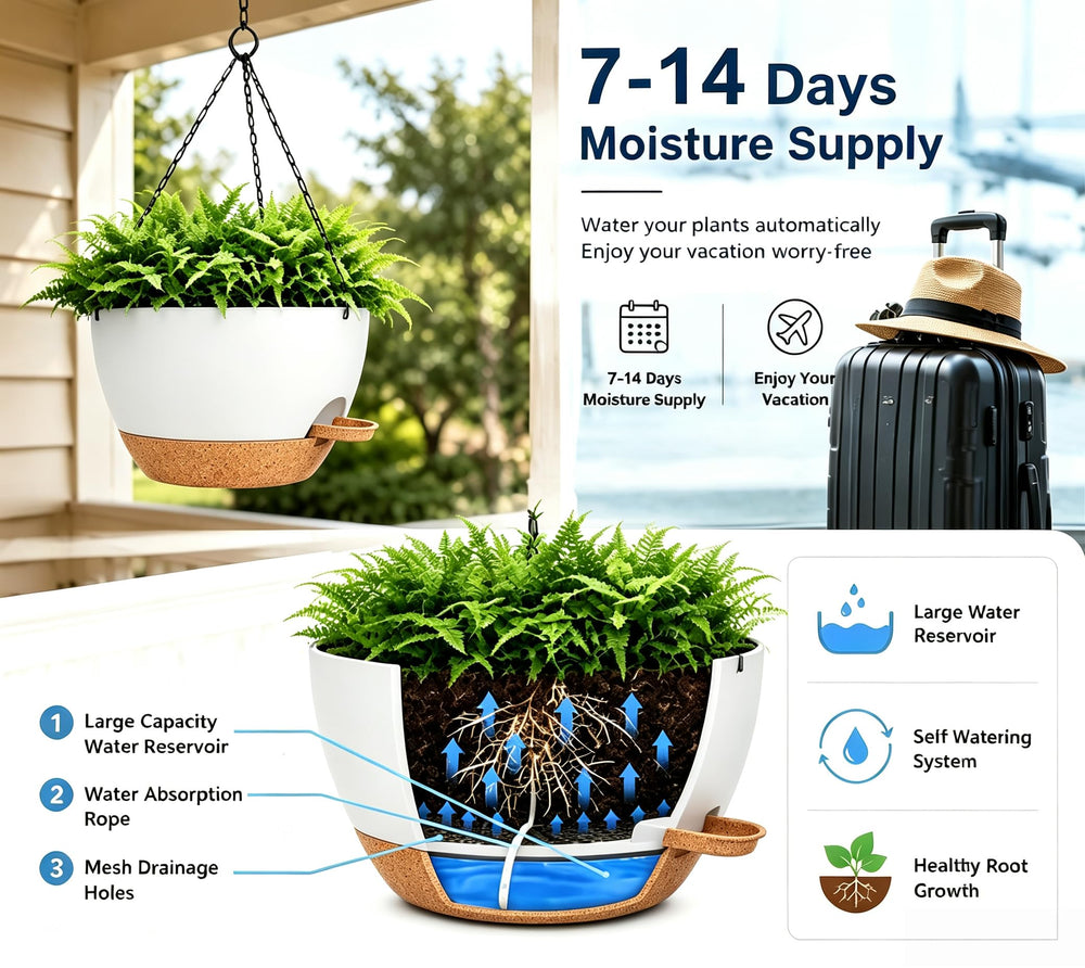 zople close-up of built-in reservoir and drainage detail for reliable slow watering