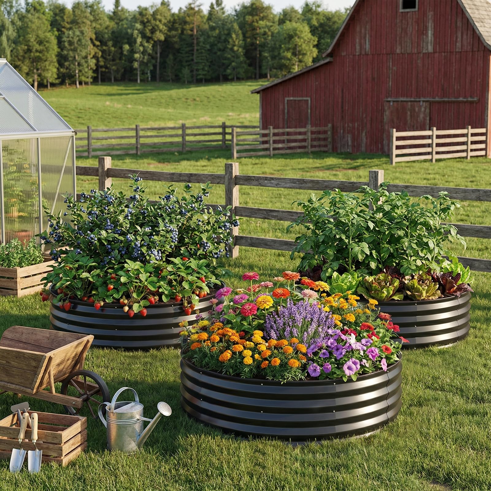 ZORMY round raised beds on patio demonstrating attractive, space-saving gardening setup