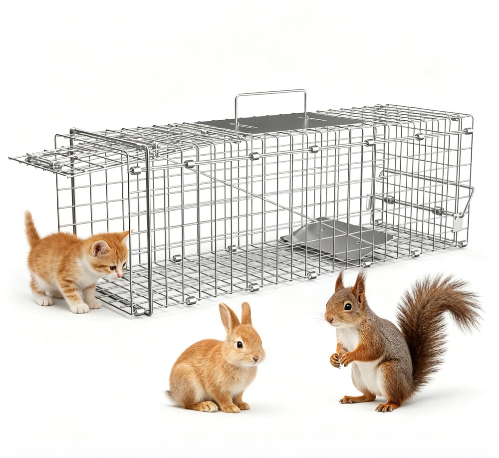 Zorpupoa front view of live animal cage trap showing secure door and benefits of humane capture
