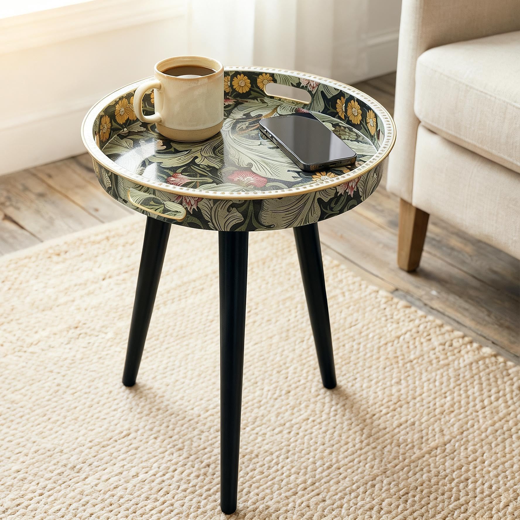 Zosenley beside armchair in living room, provides convenient drink surface