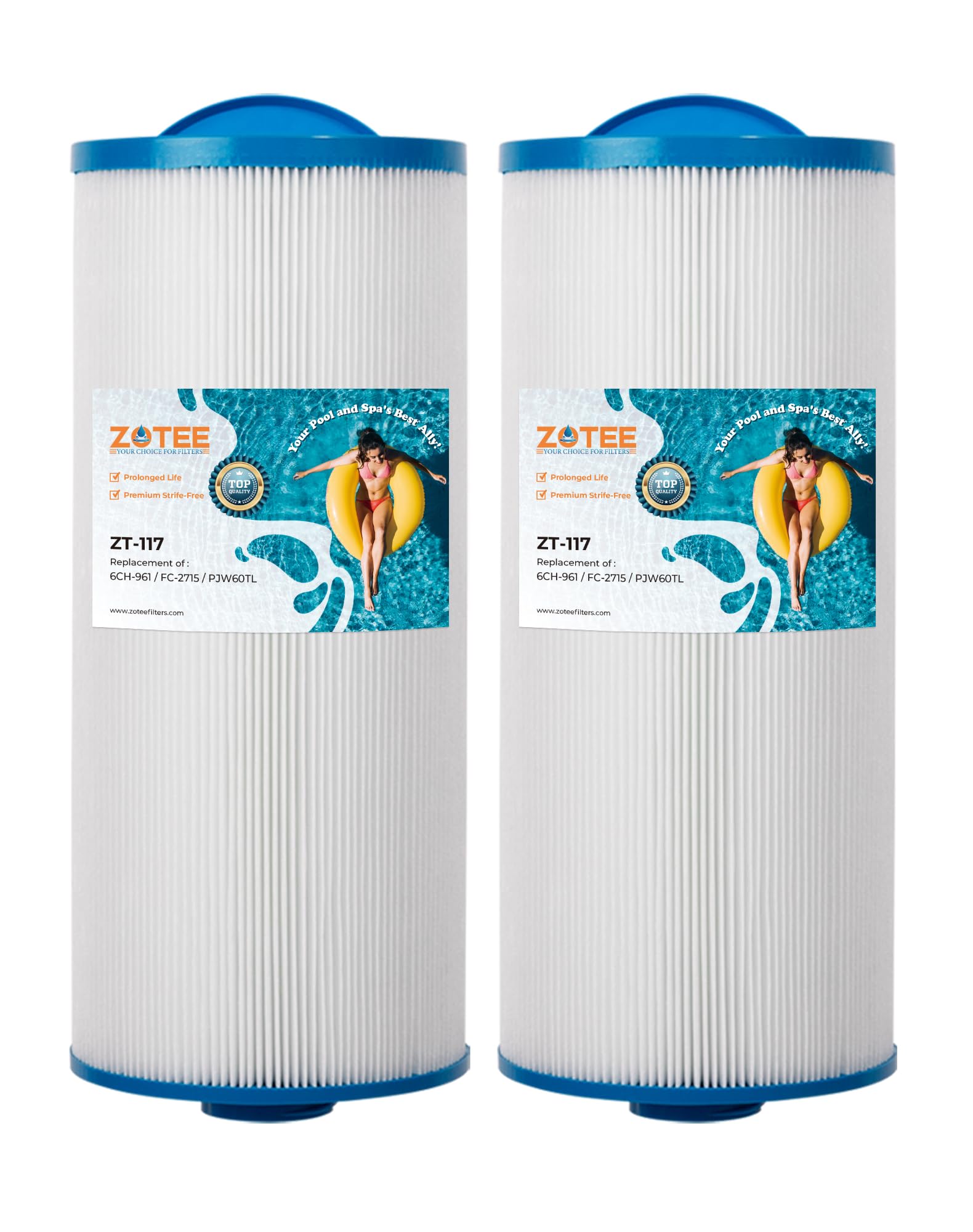 ZOTEE filter front view showing pleated cartridge and open slotted top for improved flow